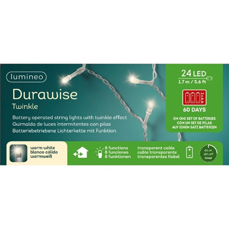 LED Durawise Twinkle Lights 24L 1.7m warm white transparant snoer | Lumineo